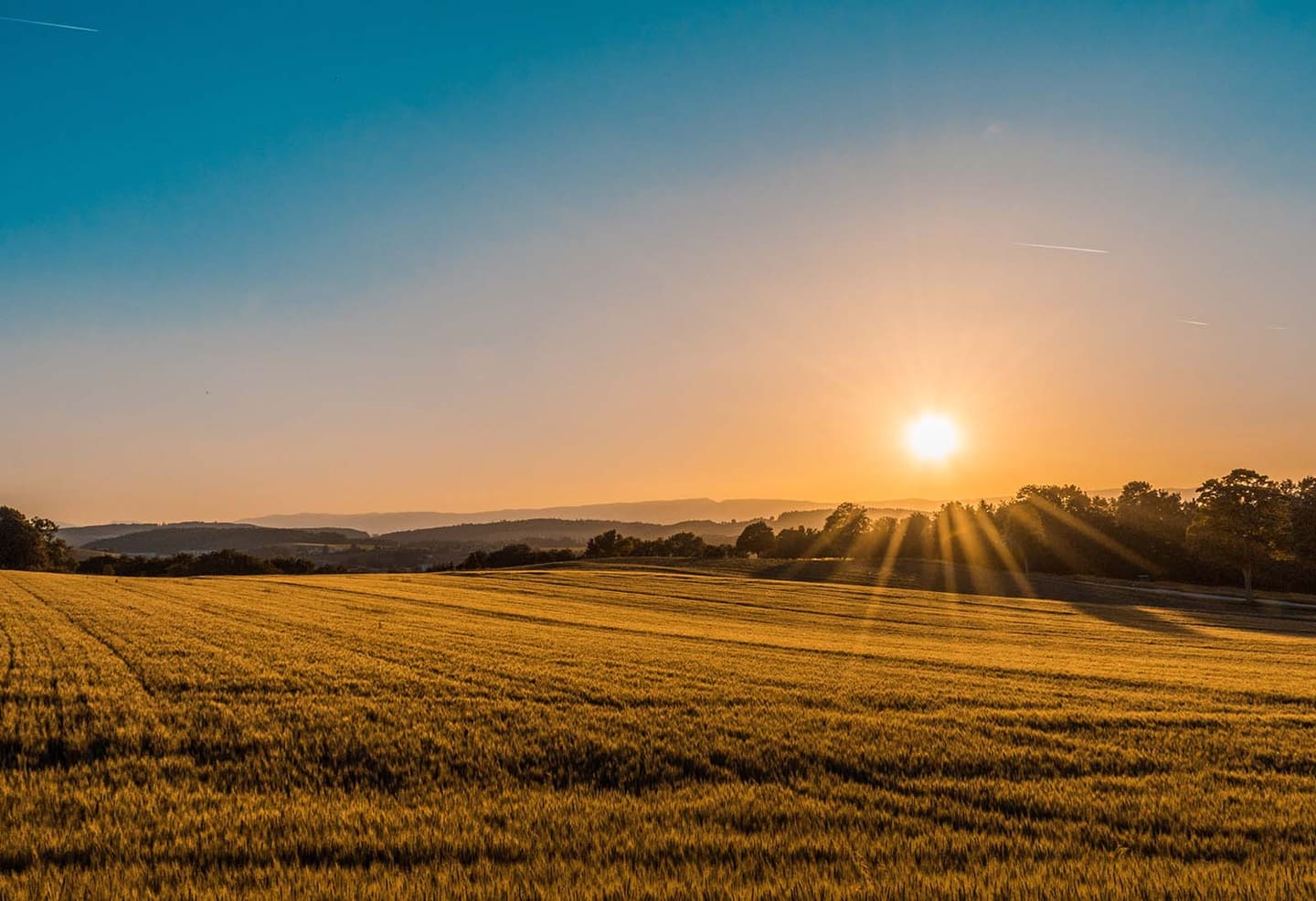 Sonnenaufgang über einem weiten Feld in Bayern